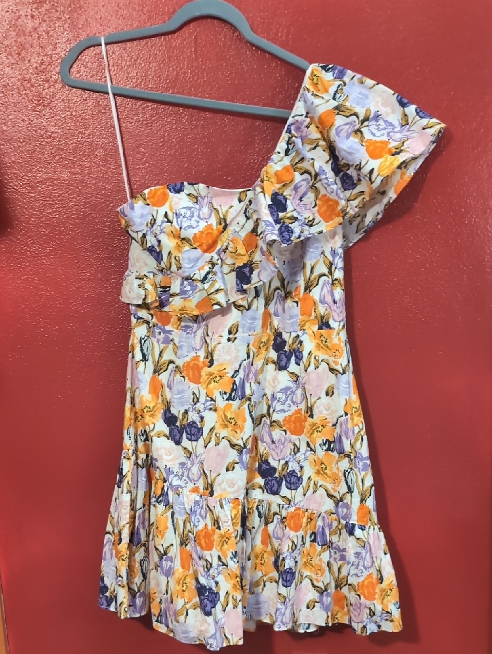 Adelyn Rae One-Shoulder Floral Dress in Orange, Purple & White